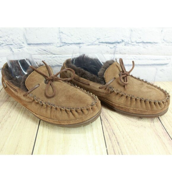 LL Bean Dark Brown Suede Wicked Good Shearling Lined Moccasin Slippers Size 9 M - Picture 3 of 9